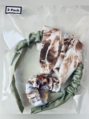 2-Pack Satin Headbands - Olive Green & Brown Tie-Dye